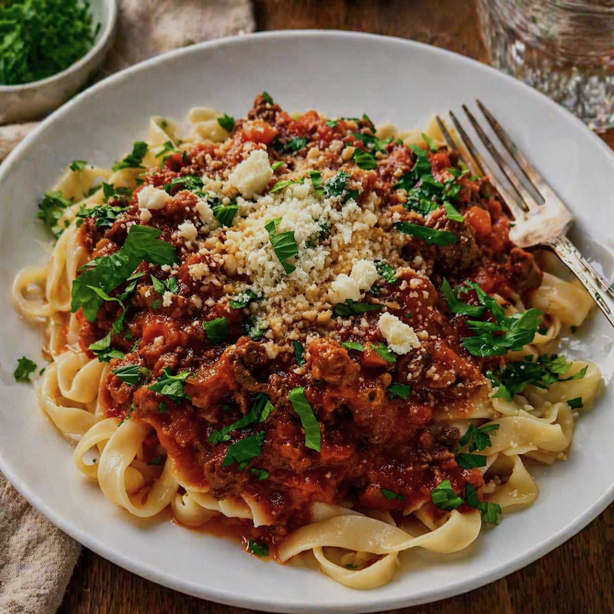 Pasta with bolognese sauce, parmesan and parsley