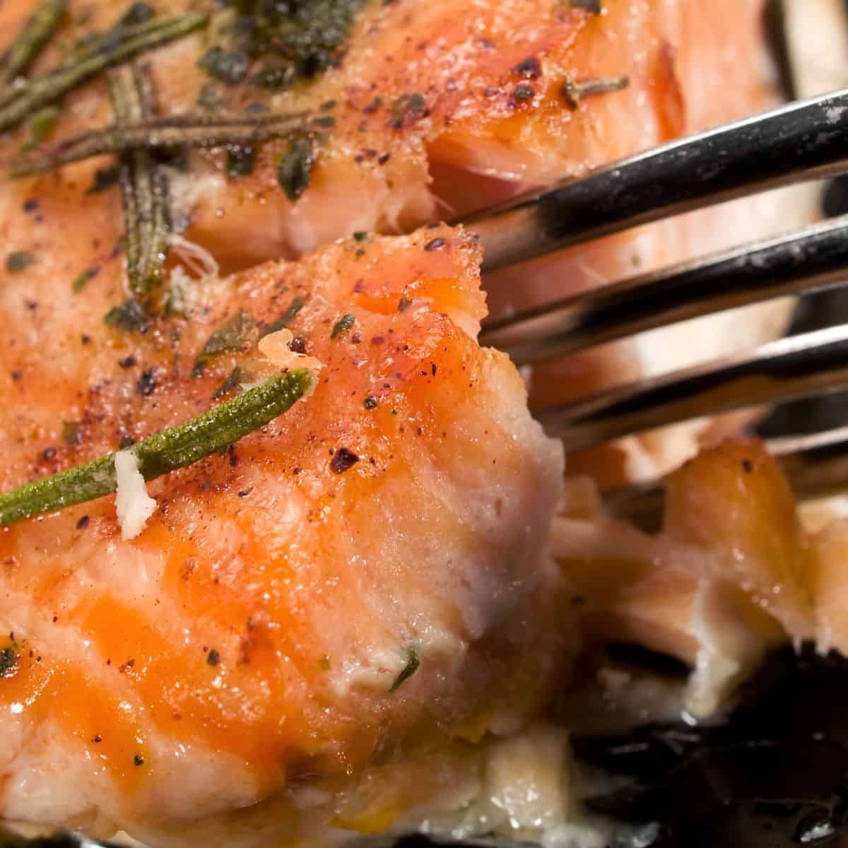 Close-up of seasoned salmon fillet being lifted with a fork. The salmon has a golden-brown seared exterior and appears flaky and cooked through. It's garnished with fresh rosemary sprigs and seasoned with black pepper and herbs. The fish has a glossy, caramelized surface.