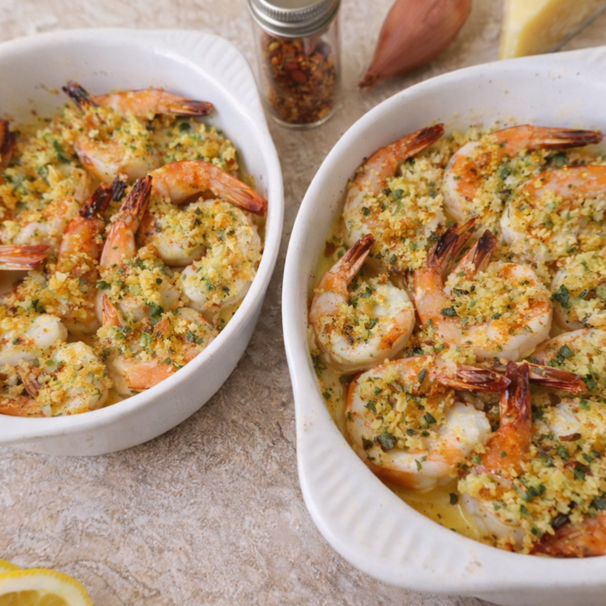 Two small white baking dishes filled with baked shrimp scampi, topped with a golden breadcrumb mixture and herbs, with lemon slices and pantry ingredients nearby on a light countertop.