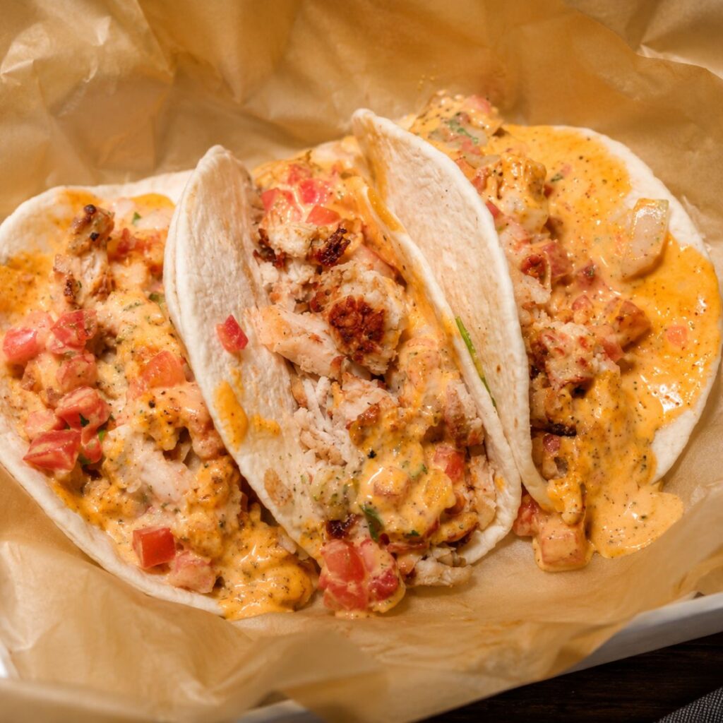 3 Buffalo wild wings street tacos on brown butcher paper