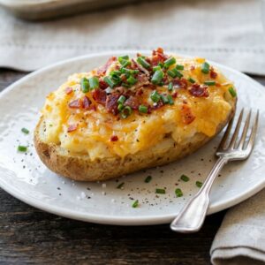 Loaded baked potato on a white plate