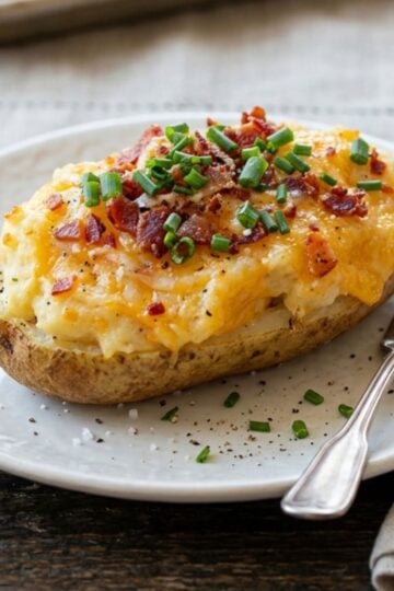 Loaded baked potato on a white plate