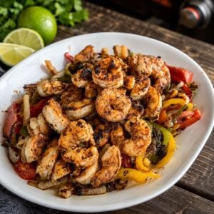 Seasoned shrimp fajitas served in a white bowl with sautéed bell peppers, onions, and tomatoes on a rustic wooden table with fresh lime wedges.