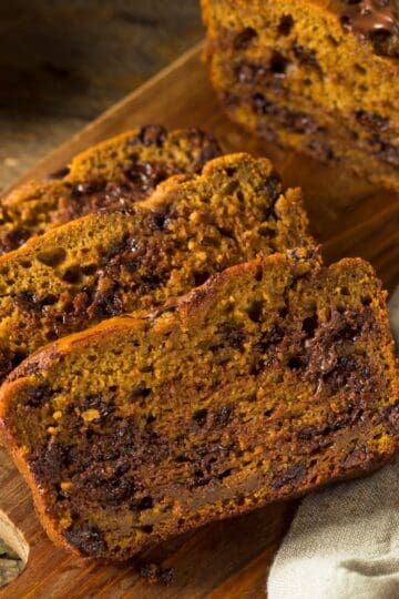 Finished pumpkin bread sliced on a cutting board
