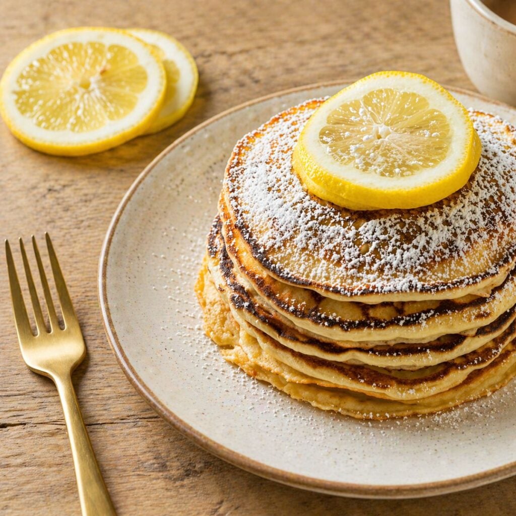 Finished pancakes on a beige plate with powdered sugar and lemon slices