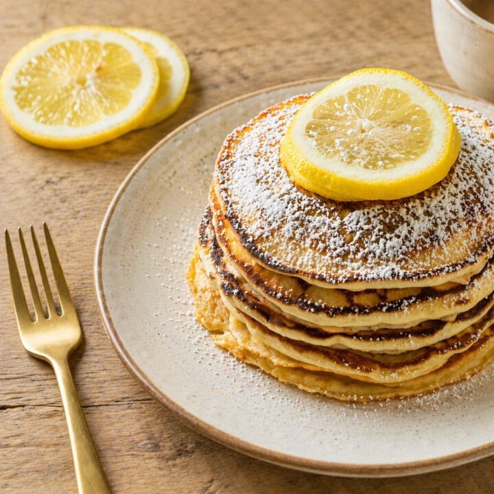 Finished pancakes on a beige plate with powdered sugar and lemon slices