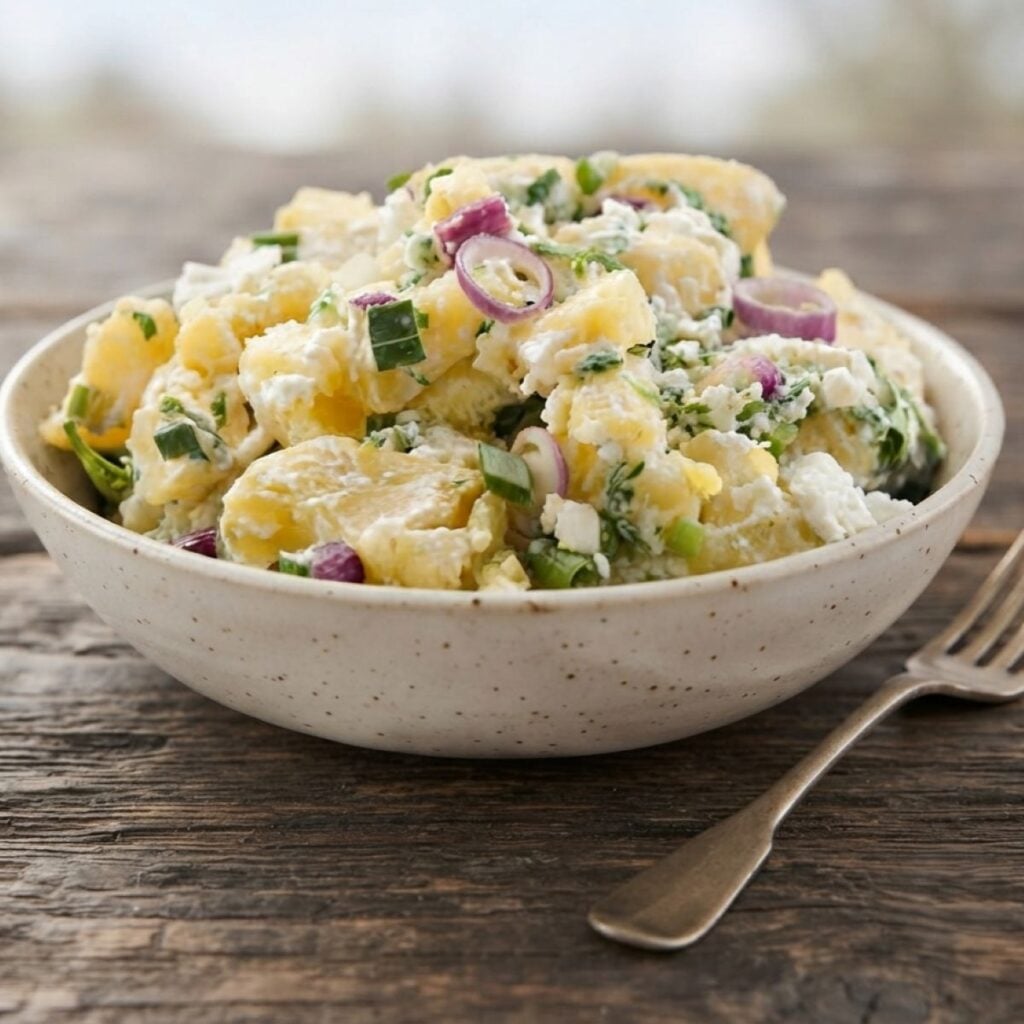 City Bargeque potato salad on a wooden table with a fork next to it