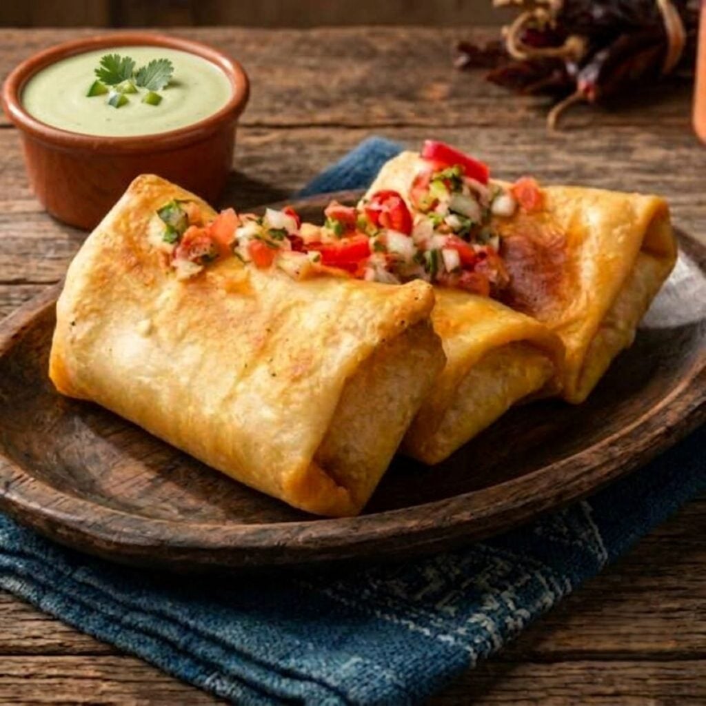Three crispy homemade chimichangas topped with fresh pico de gallo, served on a rustic wooden plate with a side of creamy jalapeño ranch dipping sauce.