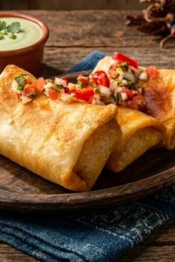 Three crispy homemade chimichangas topped with fresh pico de gallo, served on a rustic wooden plate with a side of creamy jalapeño ranch dipping sauce.