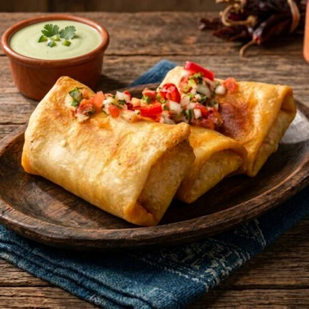 Three crispy homemade chimichangas topped with fresh pico de gallo, served on a rustic wooden plate with a side of creamy jalapeño ranch dipping sauce.