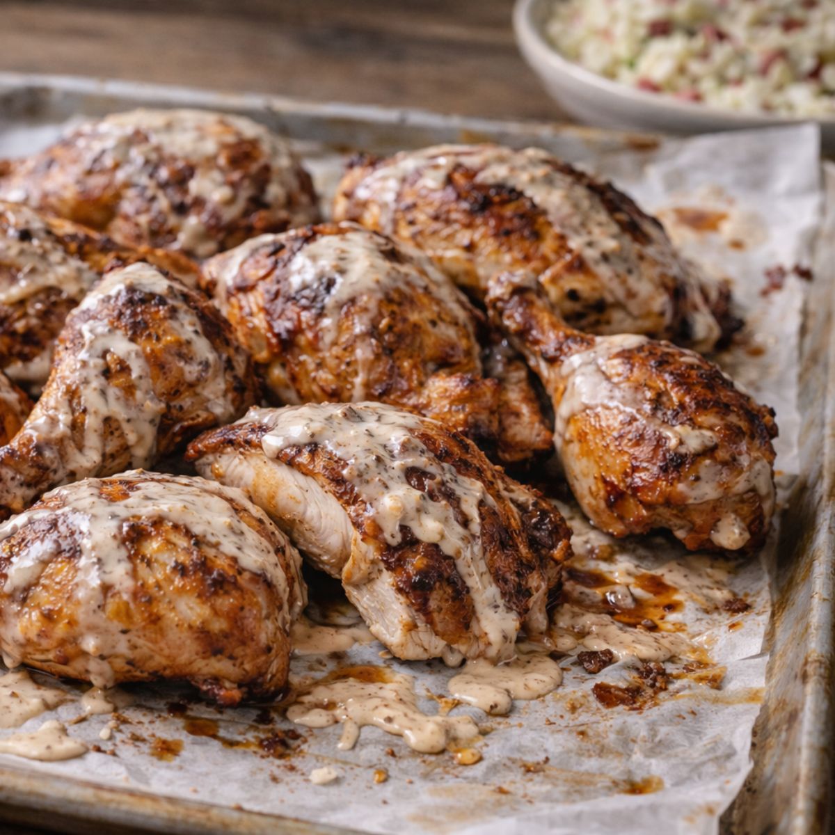 Finished chicken slathered in white Alabama Barbeque Sauce