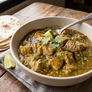 A white bowl full of hatch green chile pork stew