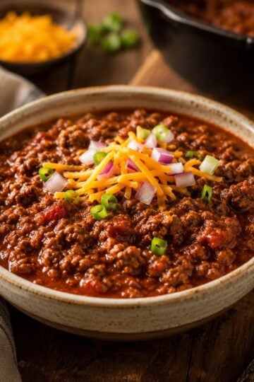 Bowl of Texas style chili with cheese and onions on top