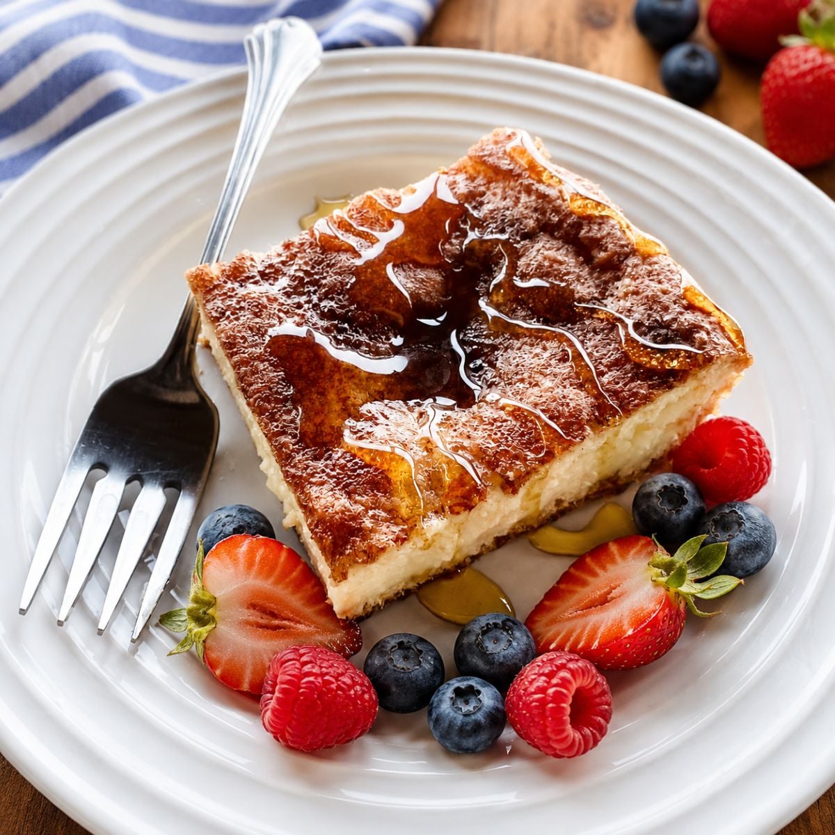 Slice of sopapilla cheesecake on a white plate with a fork drizzled with honey and surounded by strawberries and blueberries.