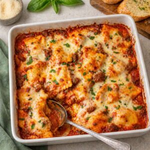Finished ravioli lasagna in a white baking dish with a spoon