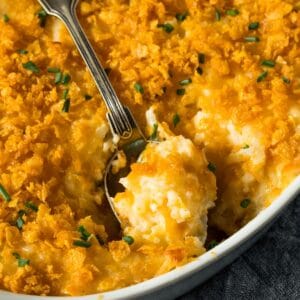 Finished Funeral Potatoes with a spoon