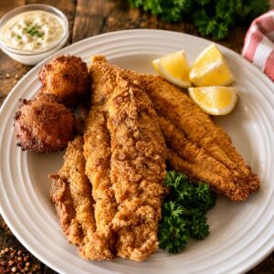 Two pieces of fried catfish on a white plate with hushpuppies and lemon wedges