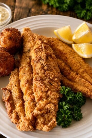 Two pieces of fried catfish on a white plate with hushpuppies and lemon wedges