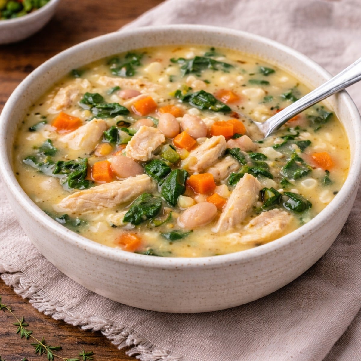 White bowl with chicken and white bean soup and a spoon resting in it