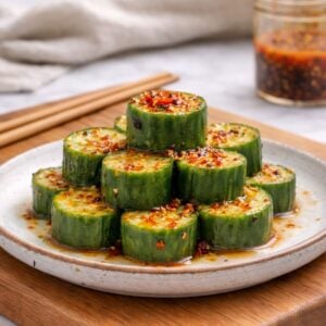 Asian cucumber salad served on a white ceramic plate with thick cucumber rounds arranged in a pyramid, topped with red chili flakes and drizzled with a soy-based sauce. Chopsticks rest nearby on a wooden board.