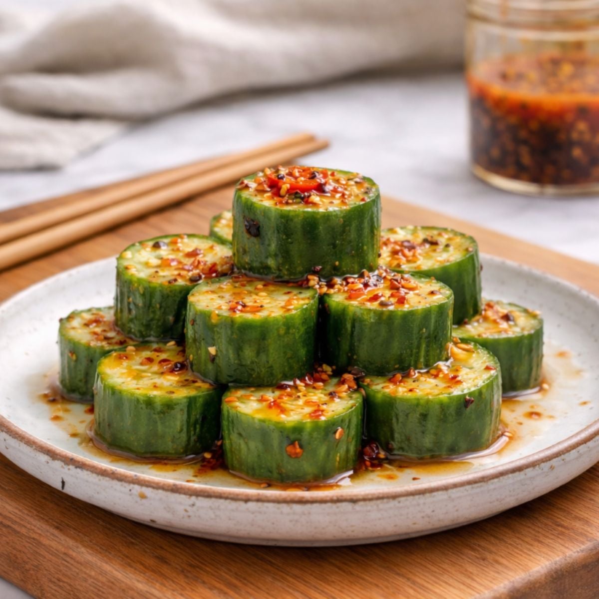 Asian cucumber salad served on a white ceramic plate with thick cucumber rounds arranged in a pyramid, topped with red chili flakes and drizzled with a soy-based sauce. Chopsticks rest nearby on a wooden board.