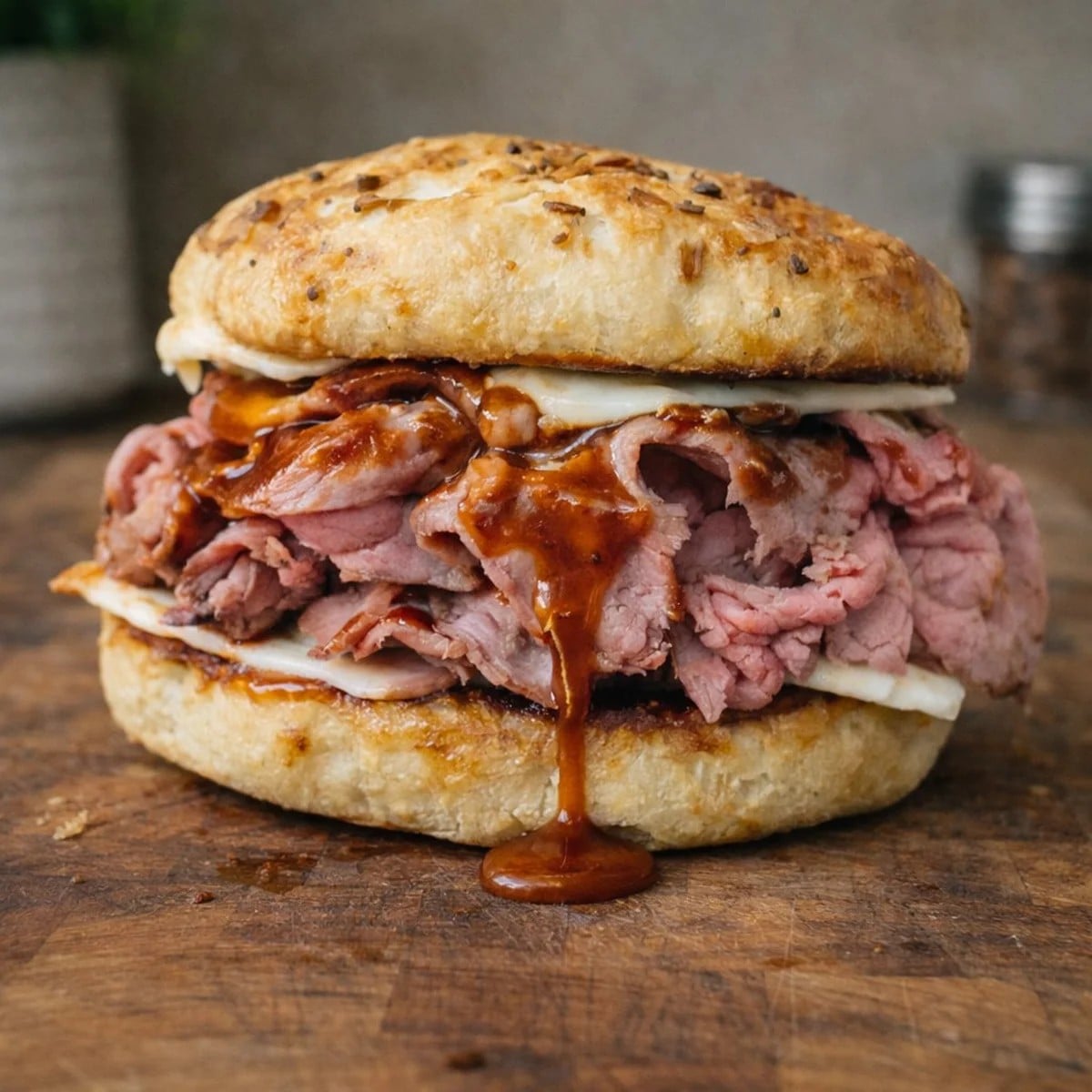 Messy homemade North Shore 3-way roast beef sandwich on an onion roll with barbecue sauce and melted cheese.