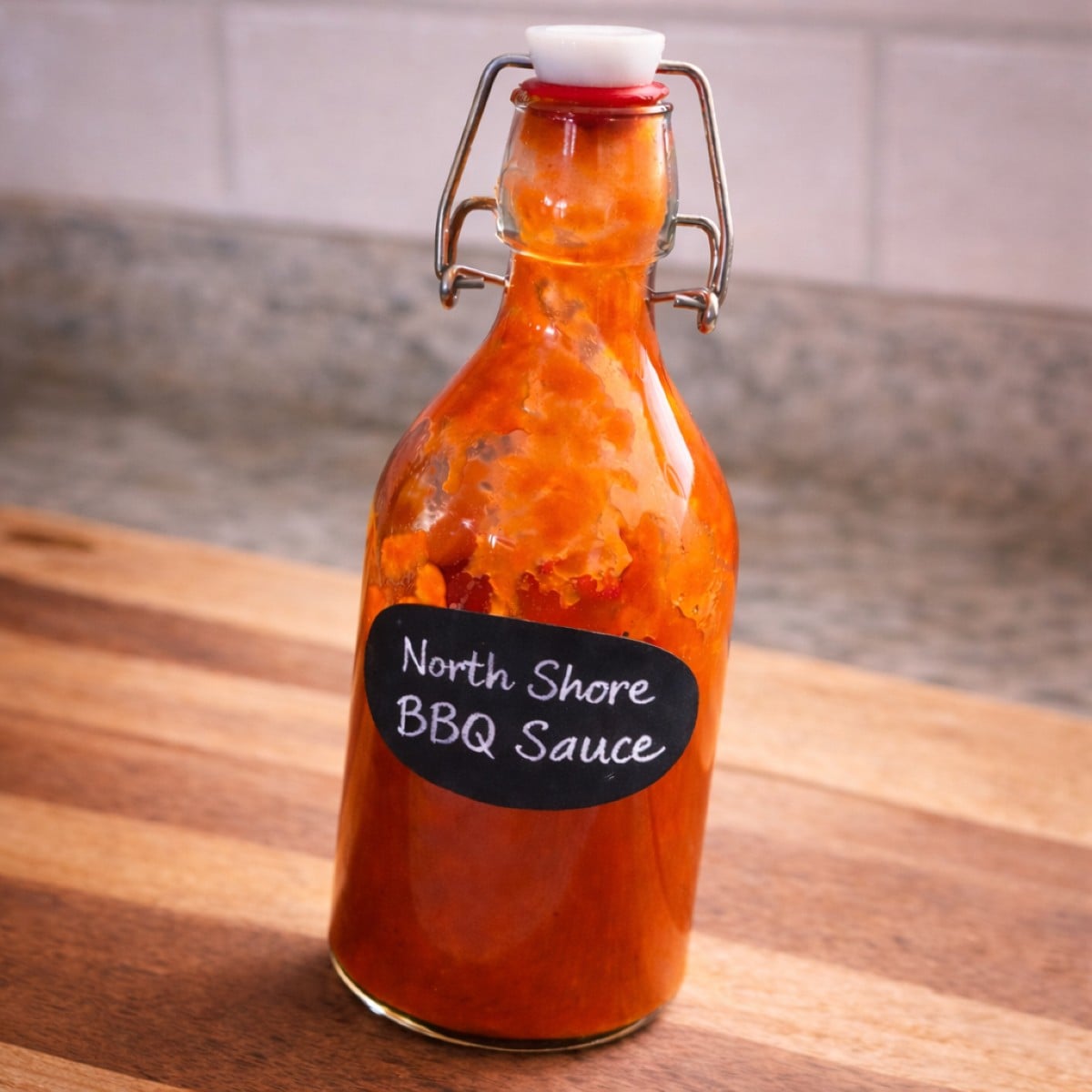 Finished North Shore barbecue sauce stored in a glass swing-top bottle on a wooden cutting board.