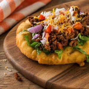 Indian fry bread taco topped with ground beef, lettuce, tomatoes, and shredded cheese