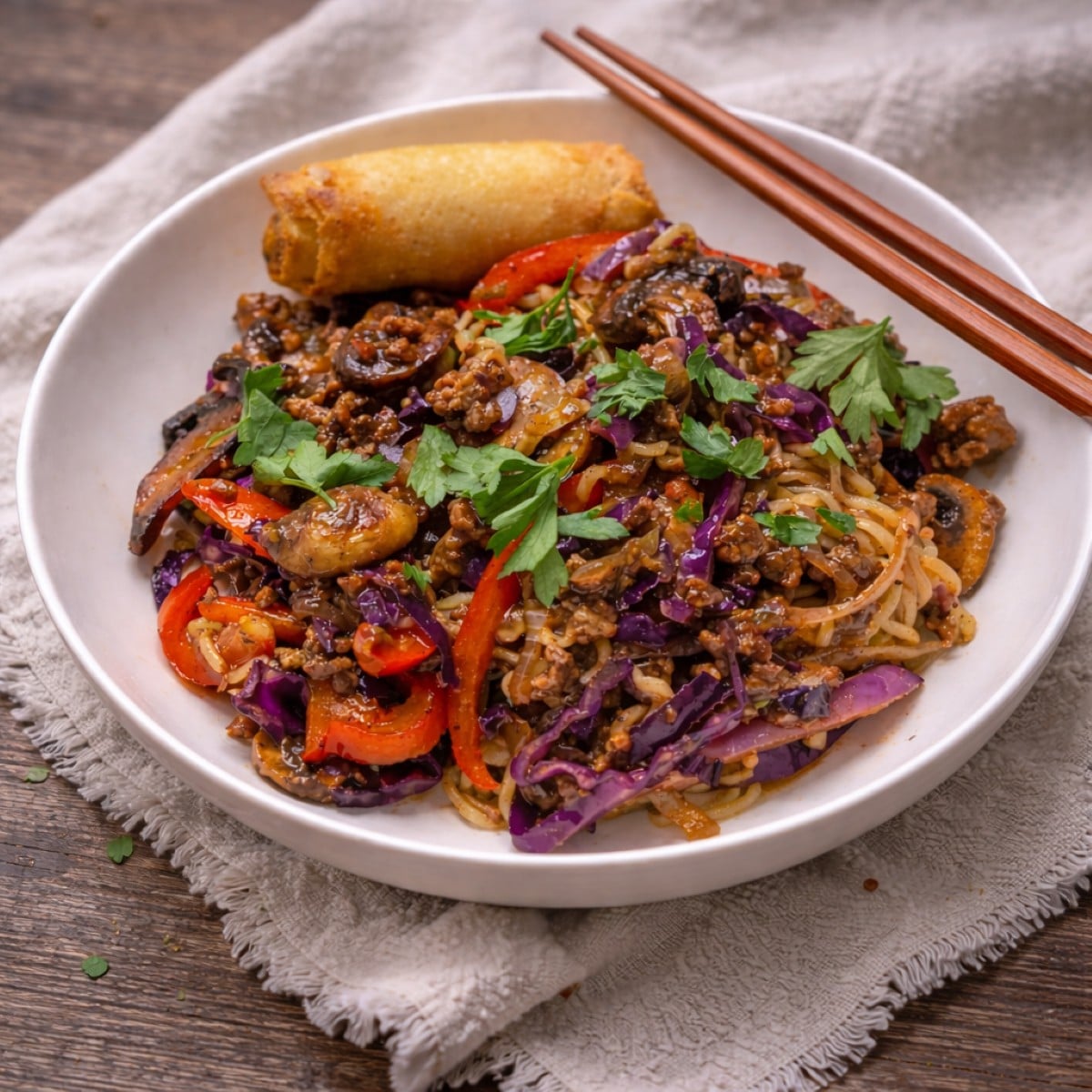Plated beef ramen noodle dish garnished with fresh cilantro, served alongside an egg roll on a white plate