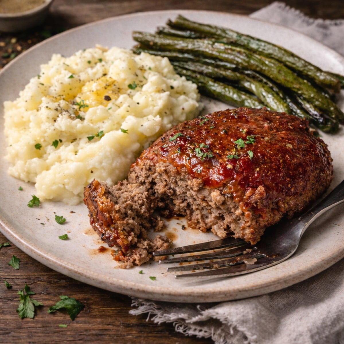 A plated dinner featuring a slice of meatloaf with ketchup glaze, creamy mashed potatoes, and roasted green beans, with a fork on the plate.
