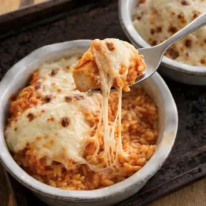 chicken parmesan with orzo topped with melted mozzarella and cheese pull in individual dish
