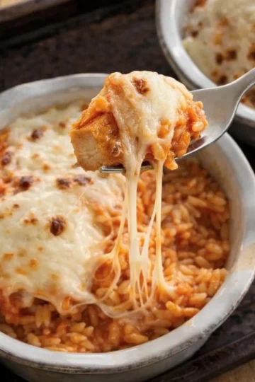 chicken parmesan with orzo topped with melted mozzarella and cheese pull in individual dish