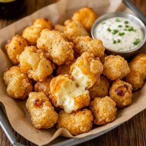 Crispy Wisconsin fried cheese curds served in a metal basket with jalapeño ranch dipping sauce and a gooey cheese pull.