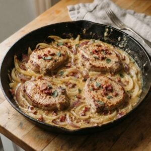 Apple cider pork chops with bacon, fennel, and red onion in a creamy skillet sauce.