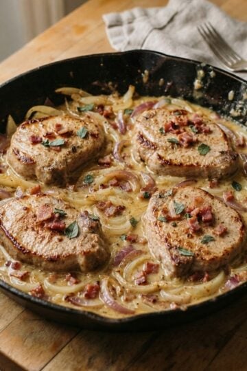 Apple cider pork chops with bacon, fennel, and red onion in a creamy skillet sauce.