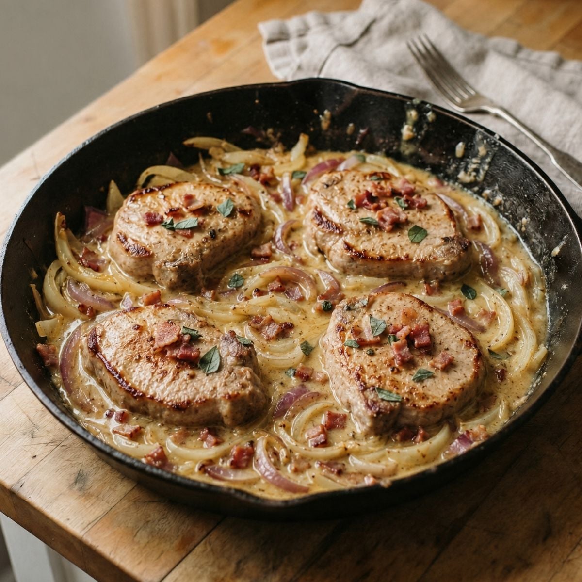 Apple cider pork chops with bacon, fennel, and red onion in a creamy skillet sauce.