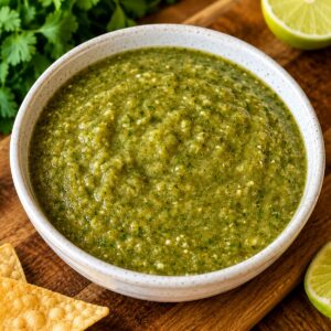 Homemade roasted salsa verde in a white ceramic bowl served with tortilla chips and fresh lime wedges.
